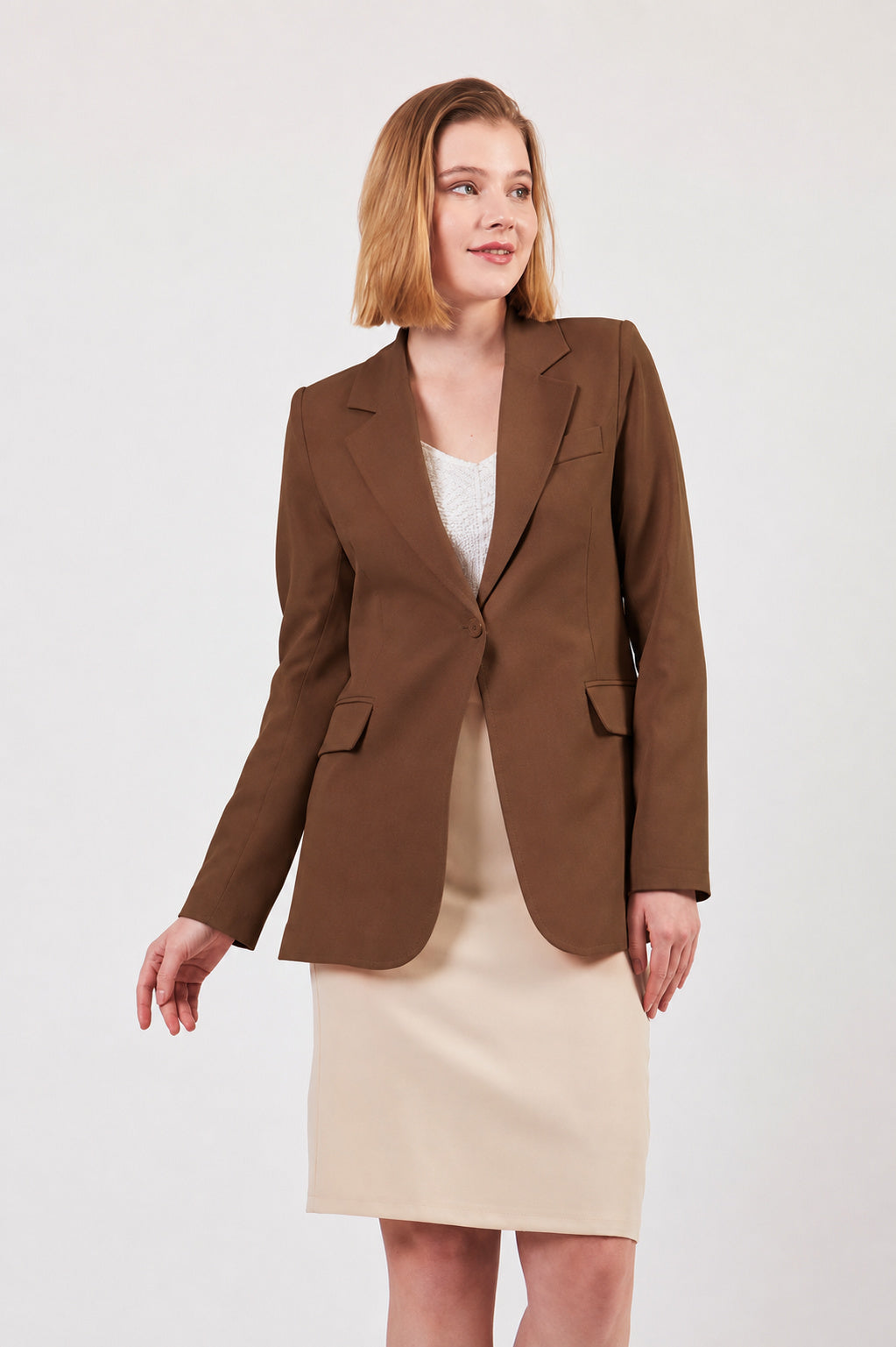 Kahverengi Tek Düğme Blazer Ceket