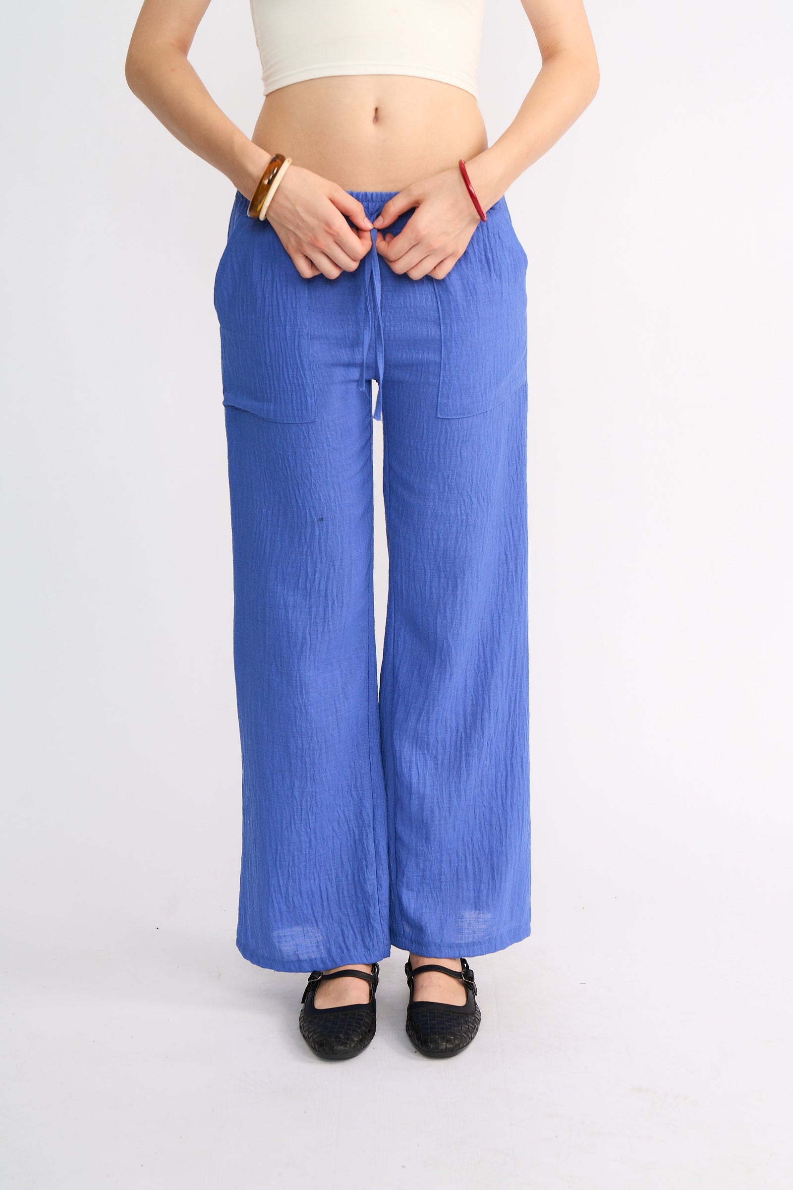 Kadın Beli Lastikli Bağcıklı Cepli Bol Paça Pantolon