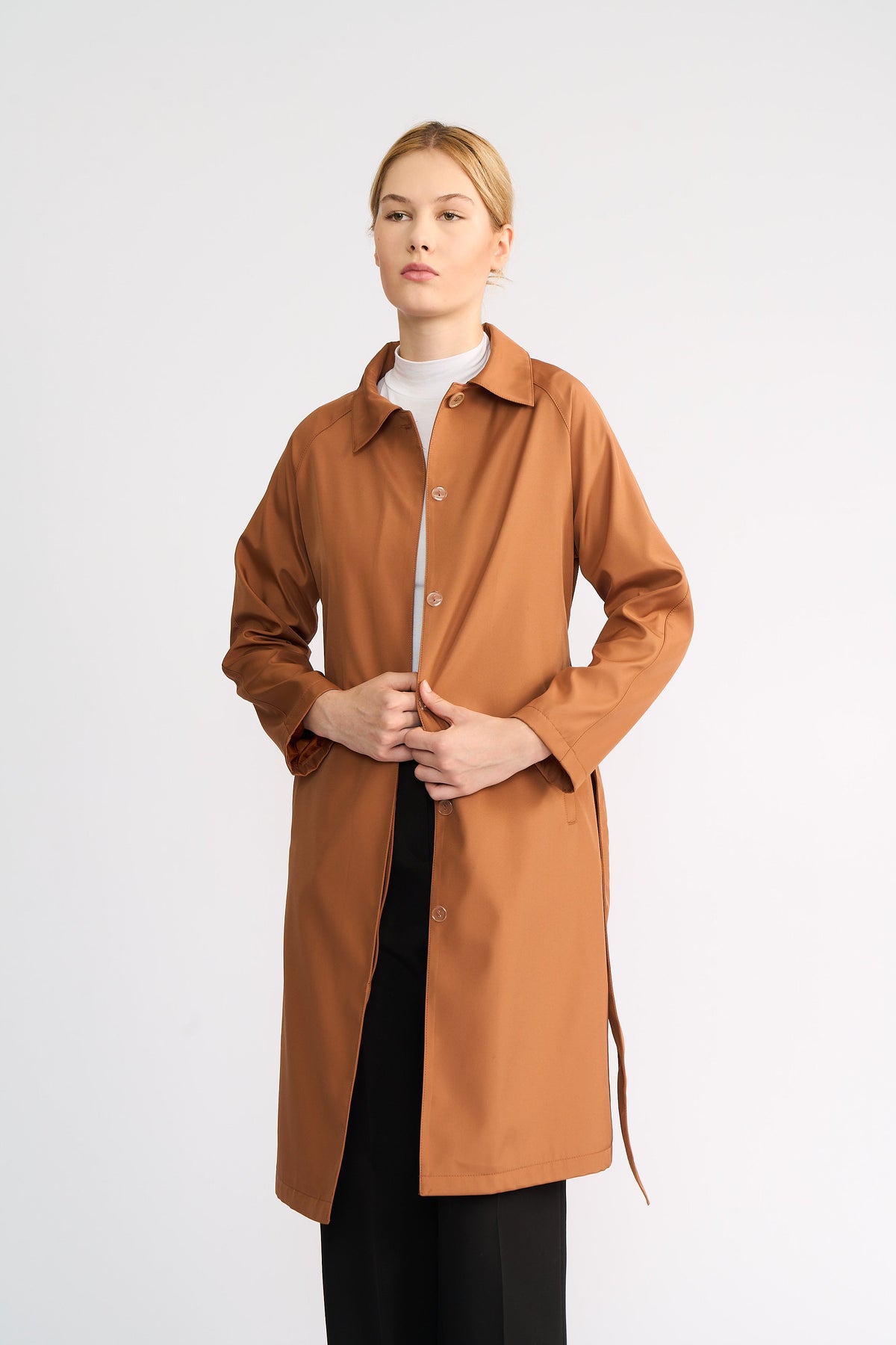 Camel Klasik Yaka Kuşaklı Midi Trençkot