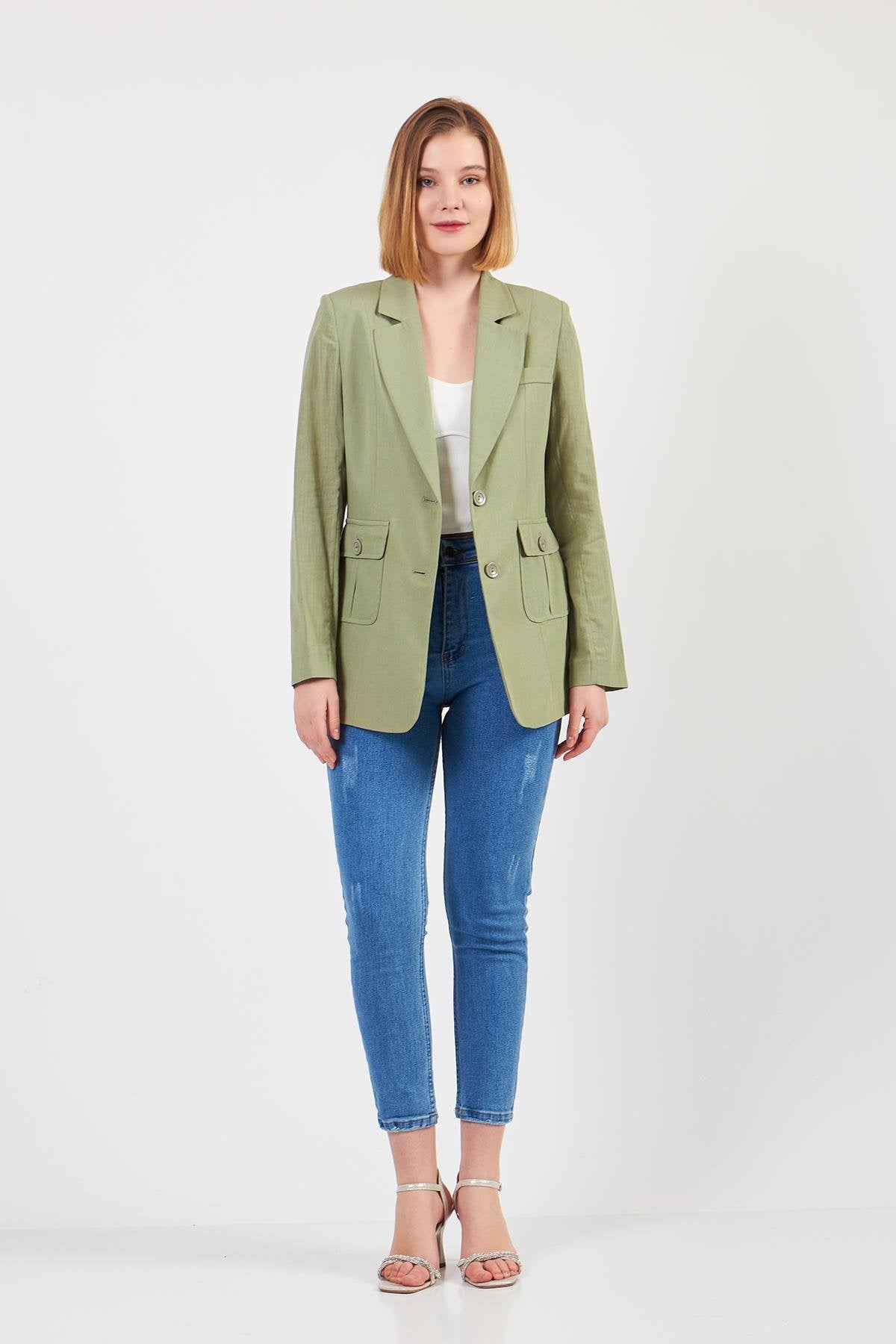 Çağla yeşili keten ceket, önden görünüm, kadın blazer