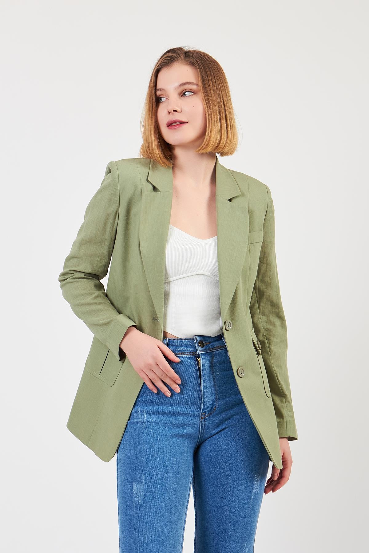 Keten ceket arka görünüm, çağla yeşili kadın blazer modeli