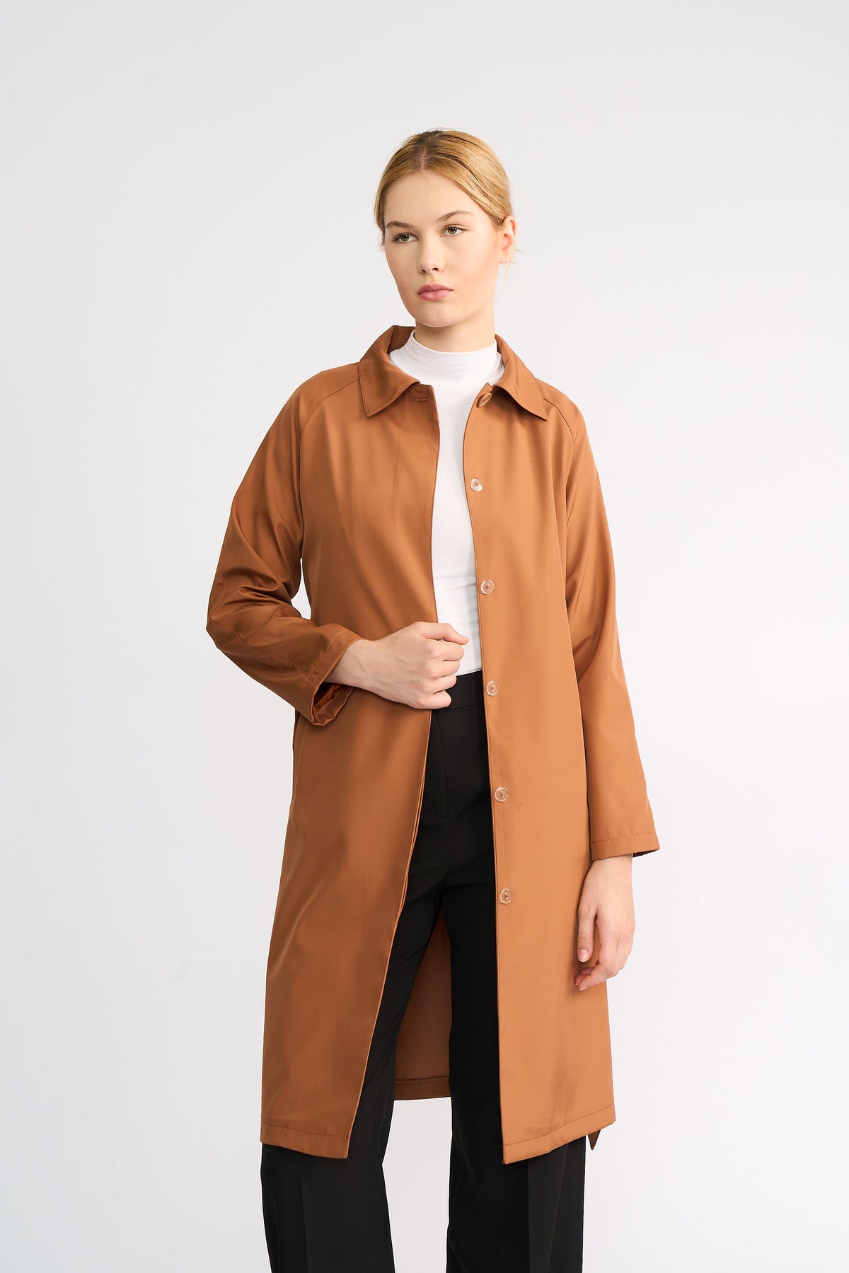Camel Klasik Yaka Kuşaklı Midi Trençkot