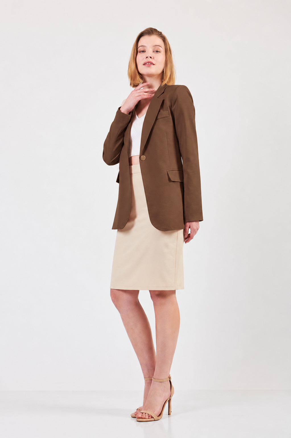 Kahverengi Tek Düğme Blazer Ceket
