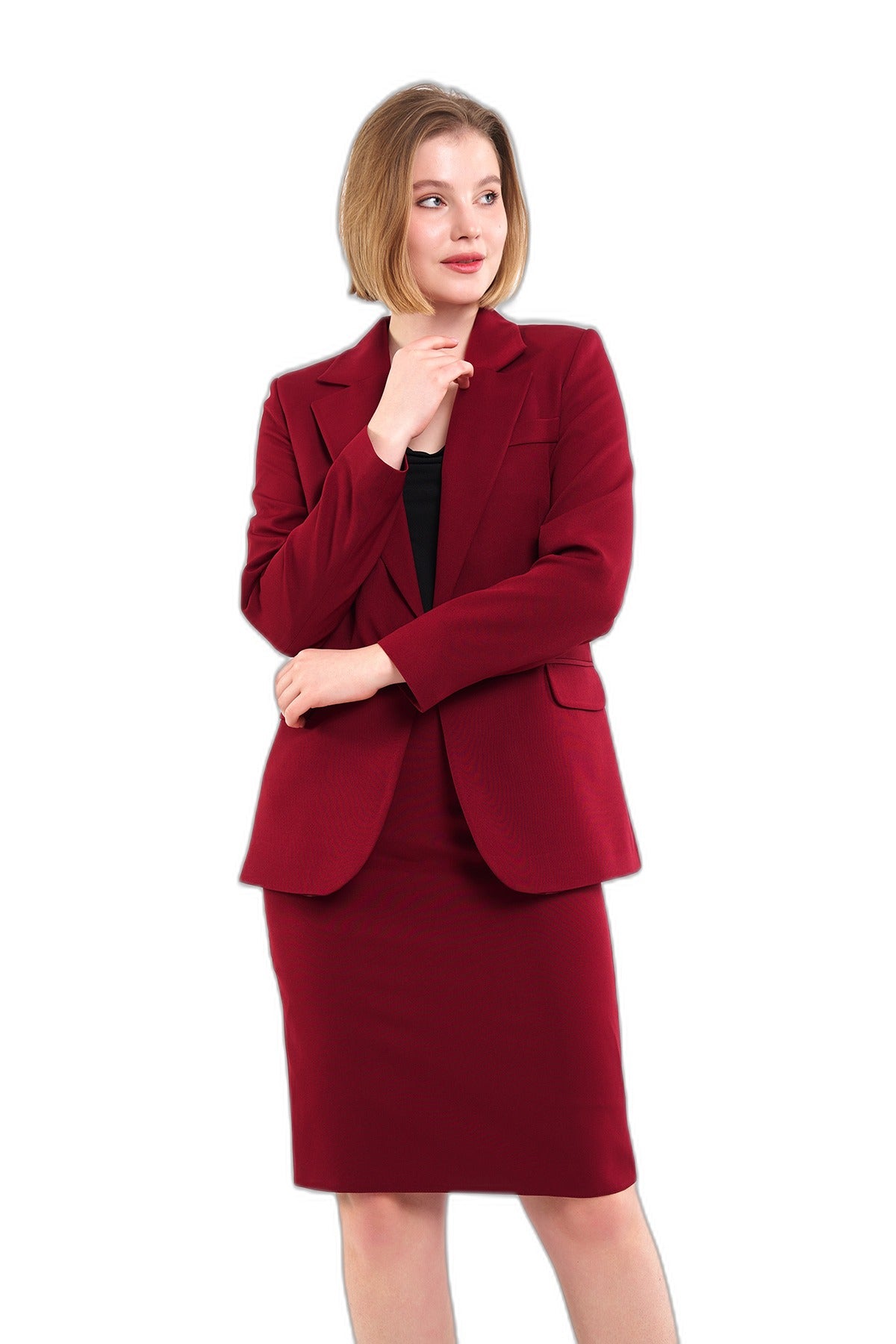 Volanlı bordo takım elbise; ceket ve etek birlikte yan açıdan görünüm