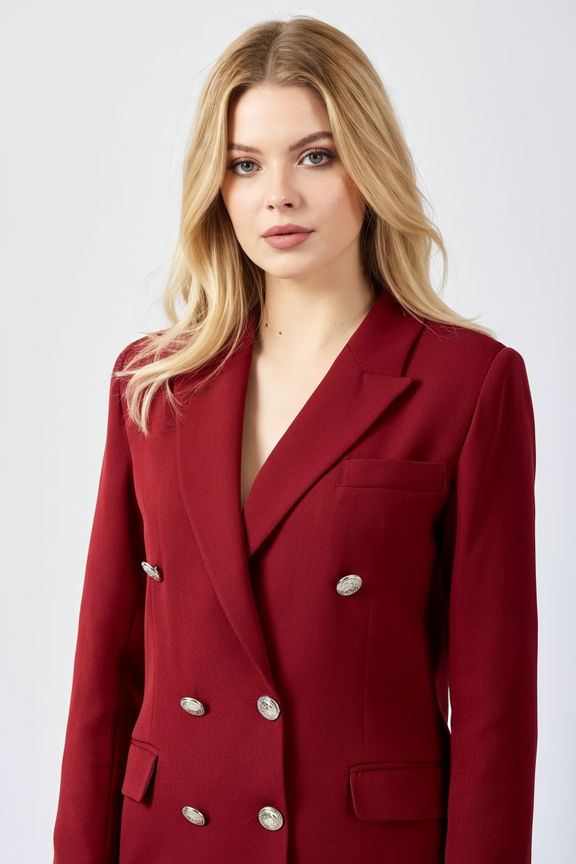 Volanlı bordo blazer ceketin yan profil ve kesim detayı