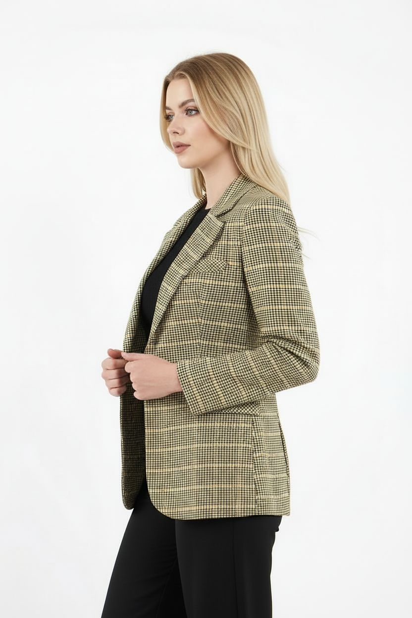 Sarı ekoseli tek düğme ceket, ön görünüm, kadın blazer