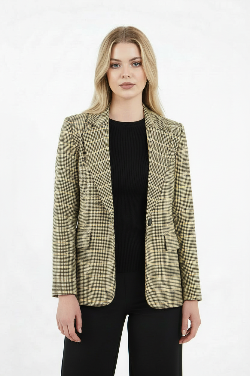 Volanlı sarı ekoseli ceket yan açıdan, zarif kadın blazer modeli