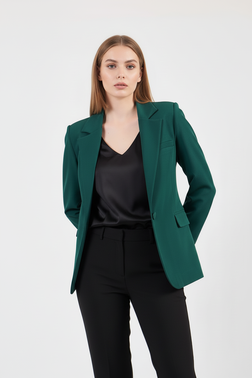 Volanlı zümrüt yeşili blazer ceket, yan profil detayı