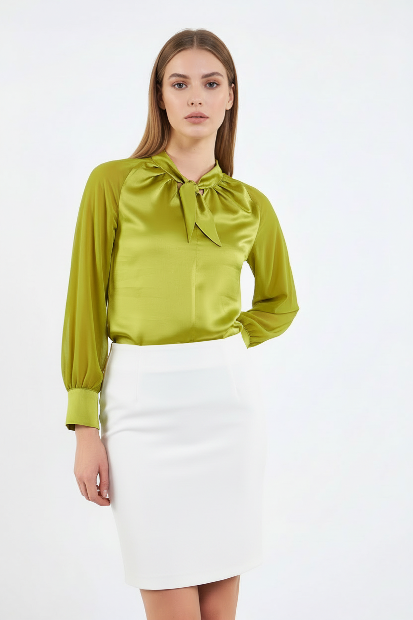 Fıstık yeşili şifon kollu saten gömlek, önden görünüm