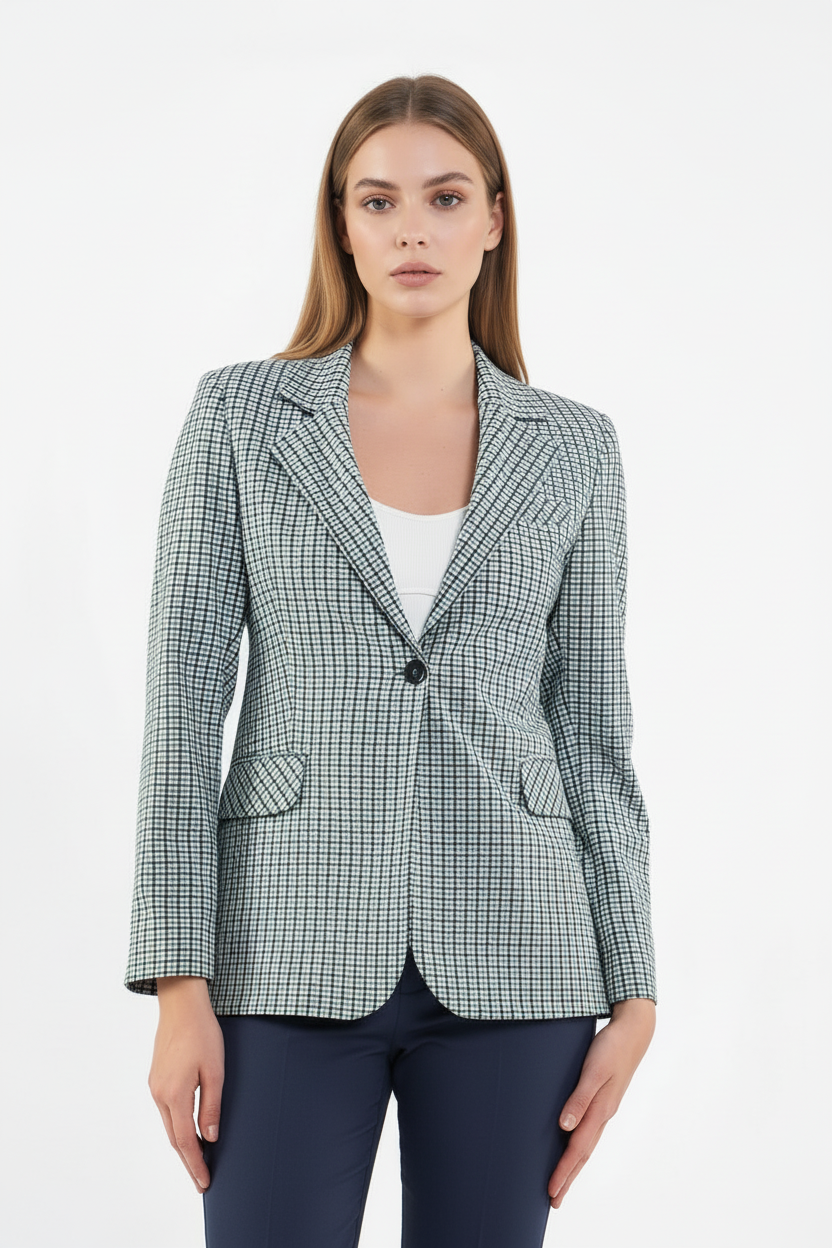 Mavi pötikare blazer ceket, arka görünüm