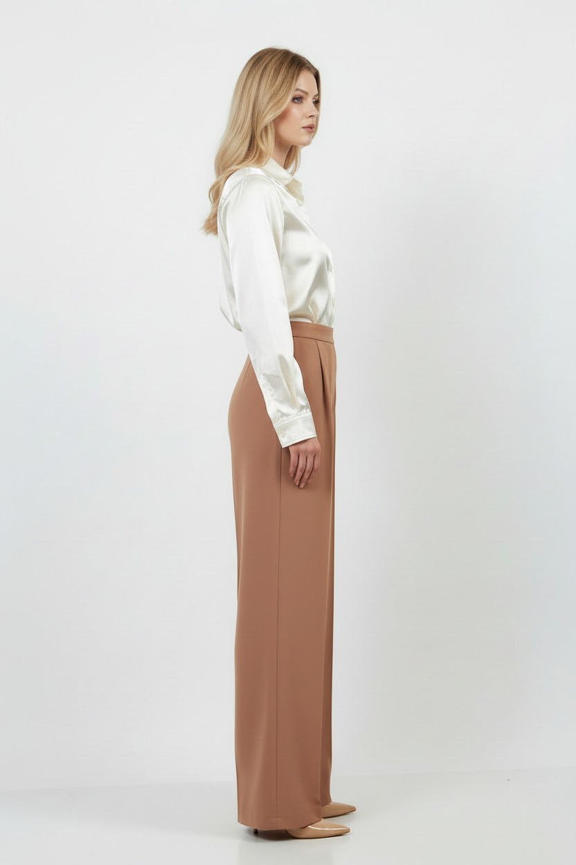 Camel rengi wide leg pantolon, ön cephe görünümü, Volanlı kadın giyim