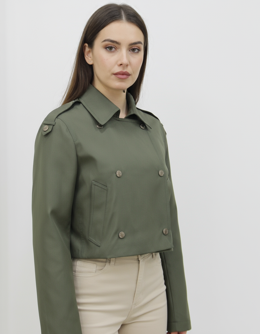 Volanlı haki trençkot yan açıdan, kısa kesim kadın modeli