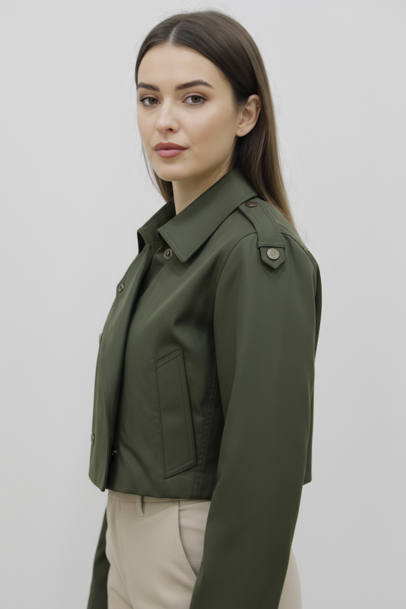 Haki kadın trençkot arka görünüm, kısa kesim dış giyim modeli