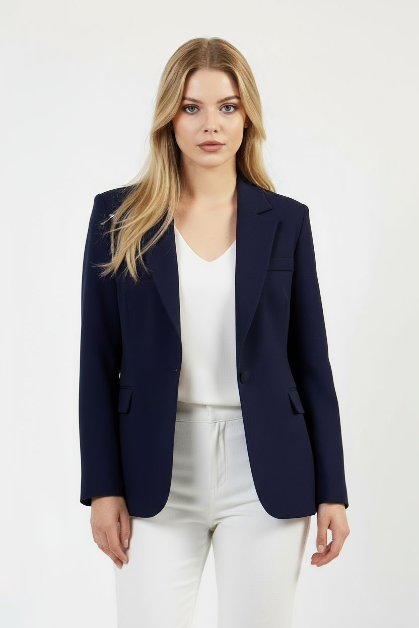 Lacivert tek düğme ceket, ön görünüm, kadın blazer modeli