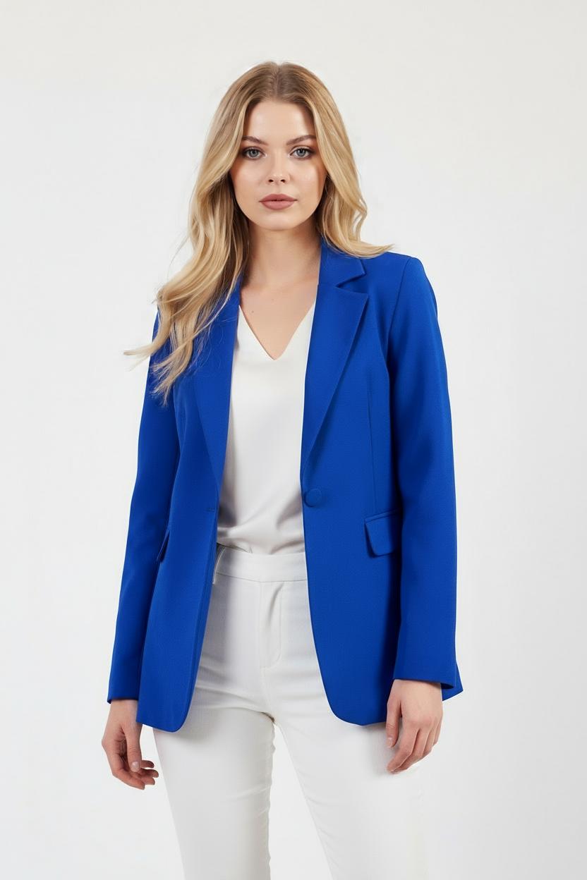 Saks tek düğme blazer ceket detay çekimi, Volanlı kadın giyim