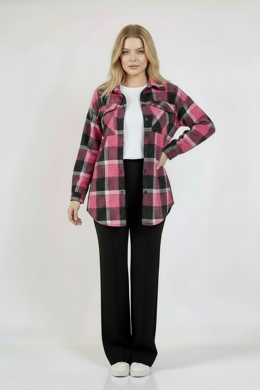 Pembe siyah ekose oversize oduncu gömlek ön görünüm